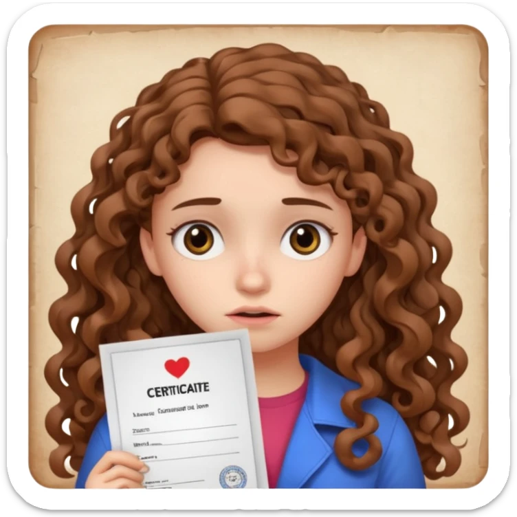 A girl with long curly brown hair shows an IELTS certificate with low score dissapointed sticker