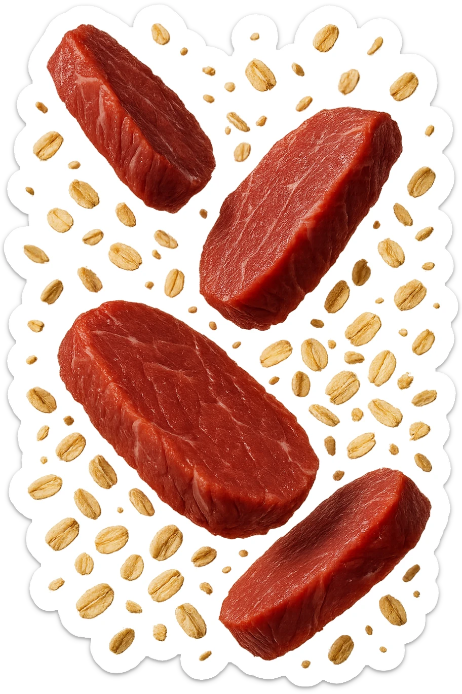 FETTINE DI CARNE FLUTTUANO IN ARIA INSIEME A FIOCCHI DI AVENA, IPERREALISTICO 4K sticker