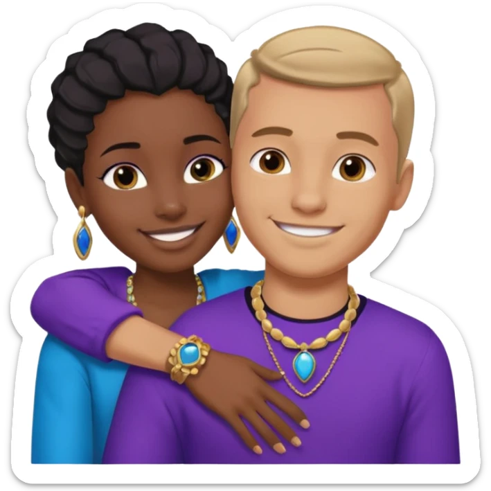 Tan European male wearing blue and smiling and hugging a jet black African girl in purple clothes with blue jewelry sticker