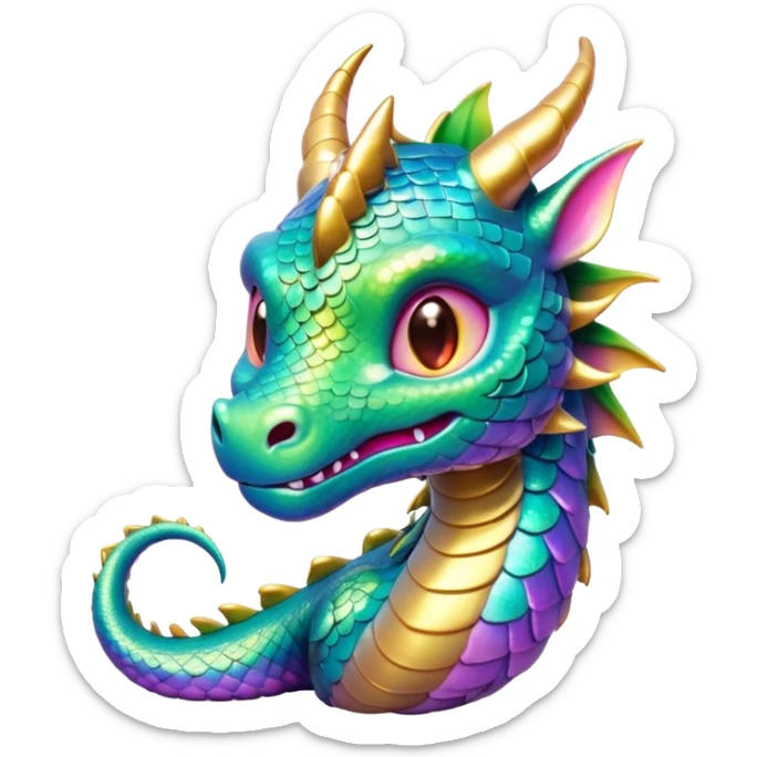 Cinematic Cute Dragon Portrait Emoji, Head tilted playfully and inquisitively, with a sleek, serpentine body adorned in iridescent scales and a charming, expressive face featuring subtle, delicate horns, round, sparkling eyes brimming with curious magic, Simplified yet irresistibly adorable features, highly detailed, glowing with a warm, enchanting glow, high shine, affectionate and mystical, stylized with a touch of whimsical fantasy, soft glowing outline, capturing the essence of a mischievous yet loving dragon that feels like it could slither out of the screen into your arms! sticker