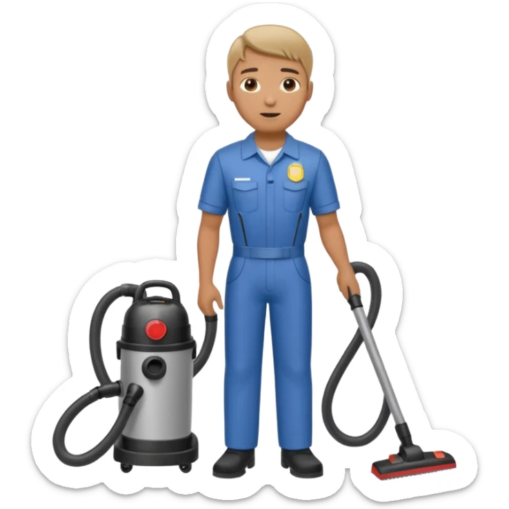 técnico de limpieza hombre sujetando una aspiradora de agua (medio cuerpo) sticker