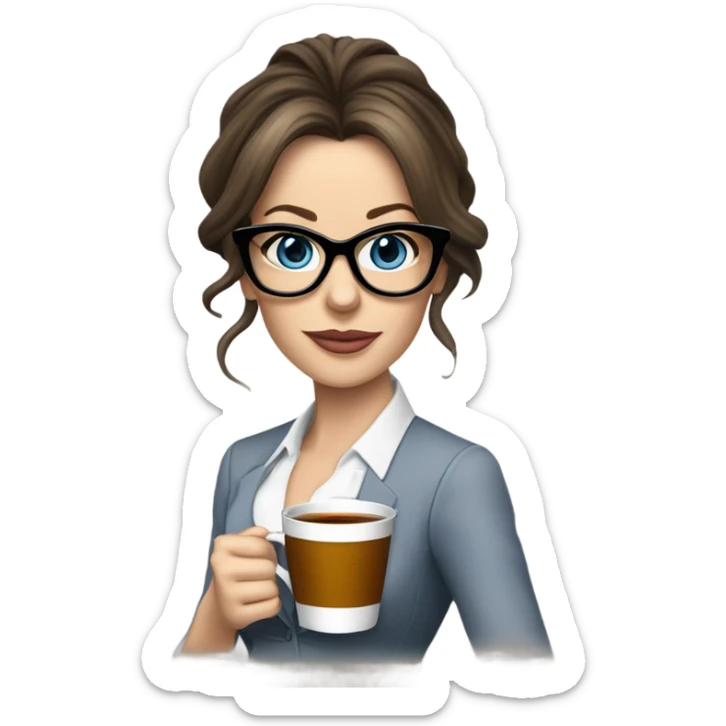 Lifelike Kate Beckinsale blue eyes wearing glasses in a business dress drinking a cup of tea  sticker