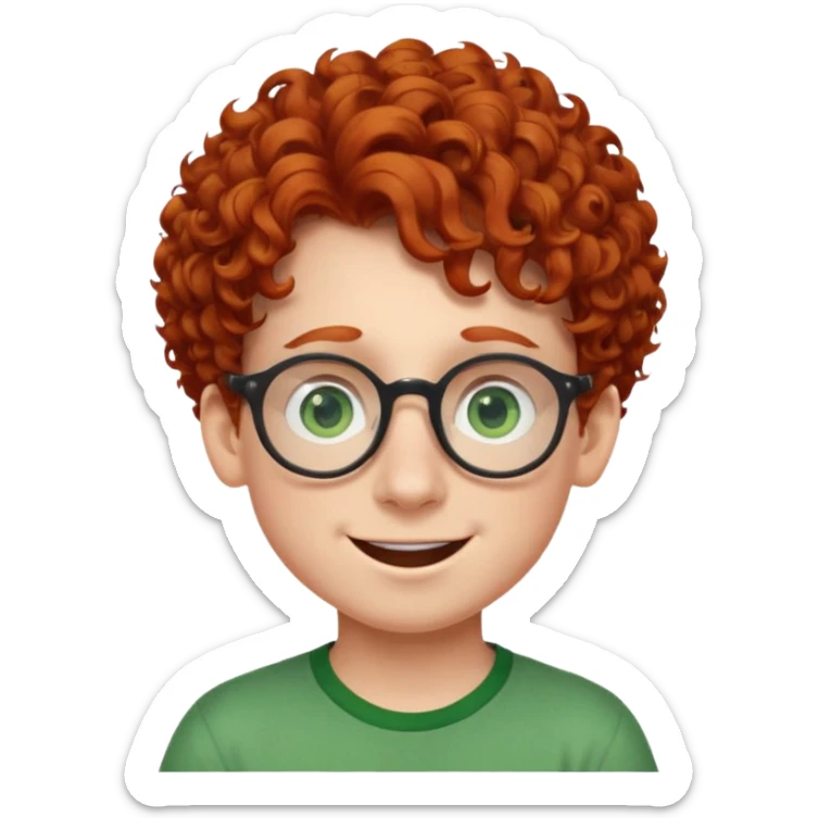 redhead kid with unique face features and very curly hair kid boy happy and big glassess and big nose and very green eyes sticker