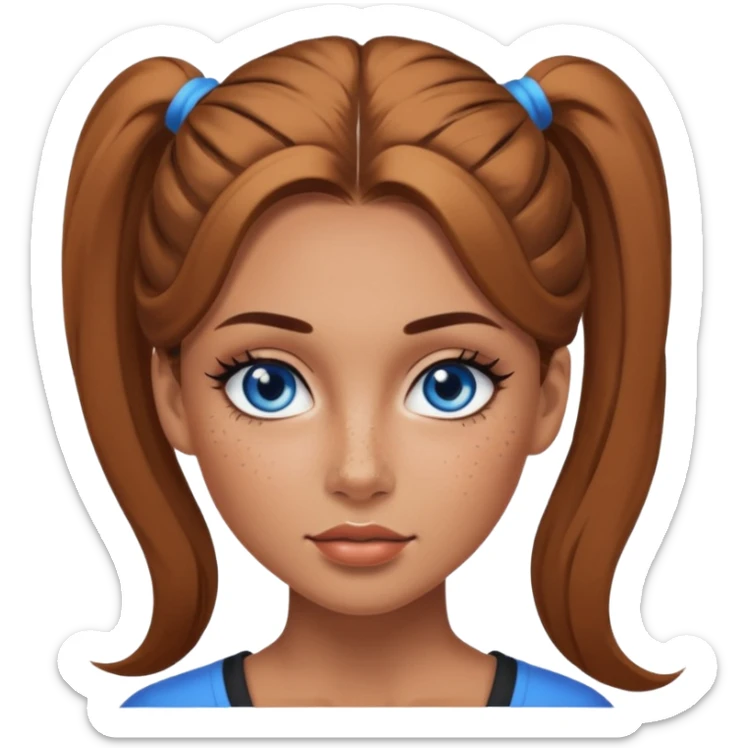 Attractive Woman with tan skin, baddie style, blue eyes, wide face, freckles, and a long voluminous ponytail and dark eye makeup sticker
