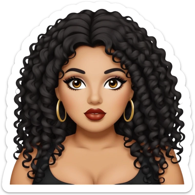big plus size, latina, darker tan skin, long black curly hair, baddie,pretty, makeup, lipliner, black eyeliner, long thin hair sticker