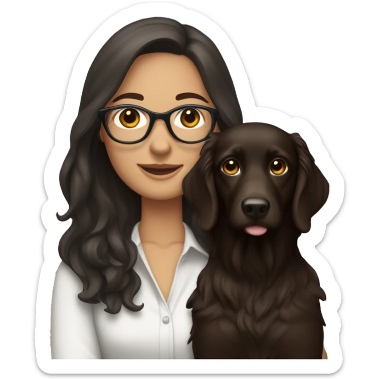 Woman with  darkbrown long hair wearing glasses holding a flat coated retriver in her arms sticker