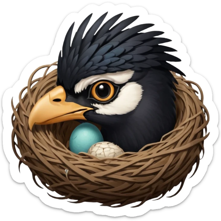 A man who has hair on the top of his head, that is actually an Australian Magpie, birds nest. sticker