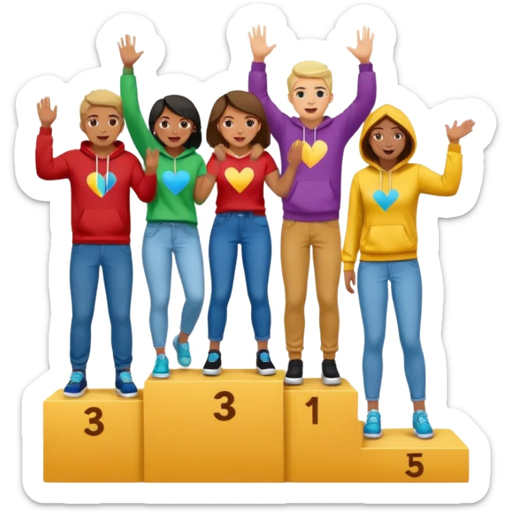multi-racial people in colorful jeans t-shirts and hoodies on a winners’ podium middle step higher no numbers excited fun expressive emoji style sticker