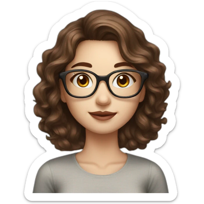 gorgeous young lady, white skin, wavy brown hair, glasses, sticker