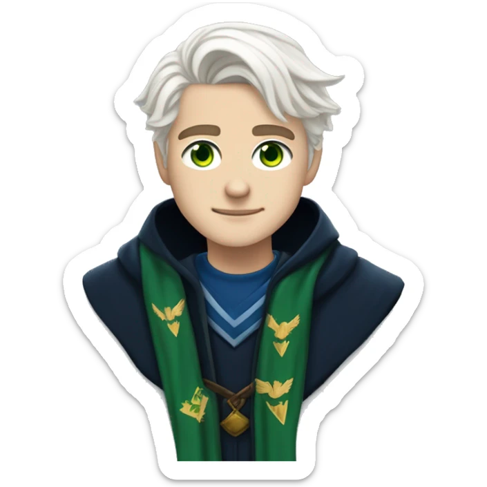16 year old boy, white hair, light skin, green eyes, scar on right eye in ravenclaw hogwarts robes. sticker