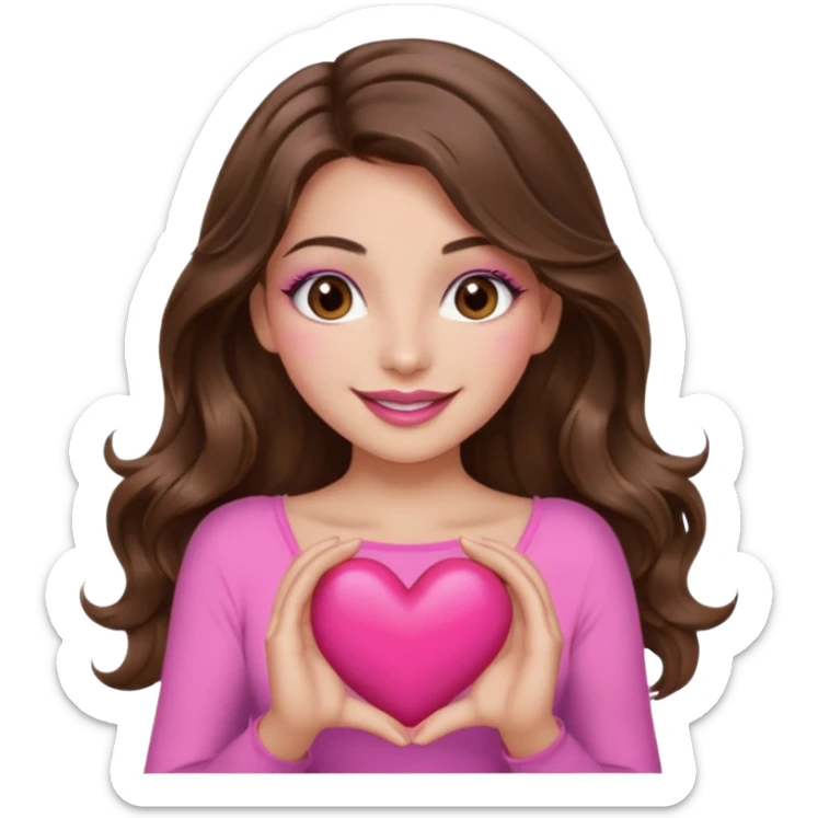 girl with long wavy brown hair, brown eyes, long lashes makeup, sexy pink lips, light to medium complexion, wearing a pink sexy top, smiling, holding a big heart with both hands sticker