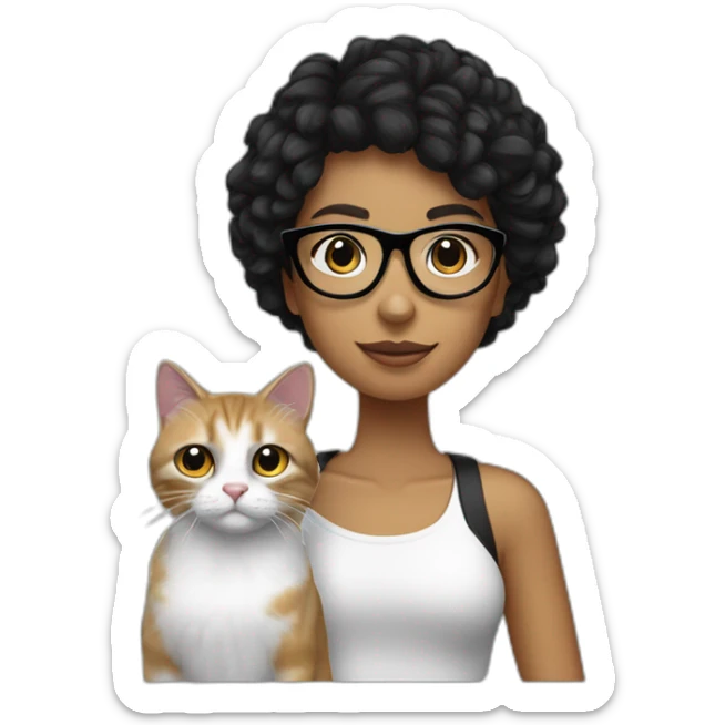 chica blanca de pelo negro lacio y gafas con chico moreno con un moño y un gato blanco y negro sticker