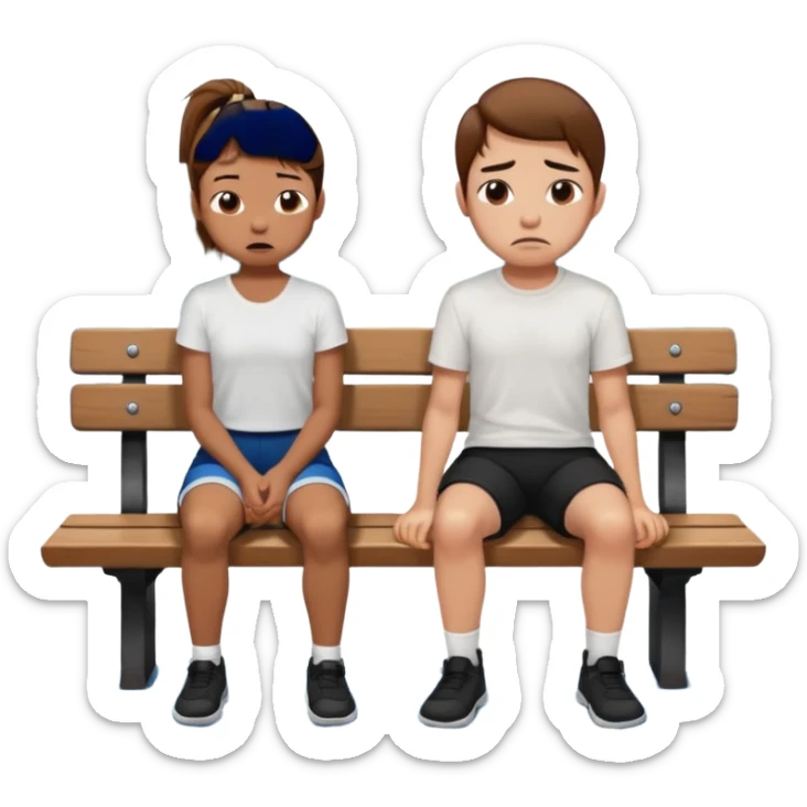 girl with brown ponytail and ugly face  with boy  with brown hair black short and a white shirt sitting sobbing by himself on a bench with a lake in the back  sticker