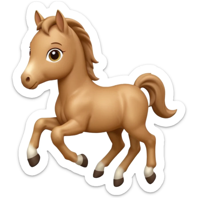3D Apple-style emoji of a running foal. Small young horse with light brown body, short mane, big eyes, rounded and glossy, smooth shading, white background.

 sticker