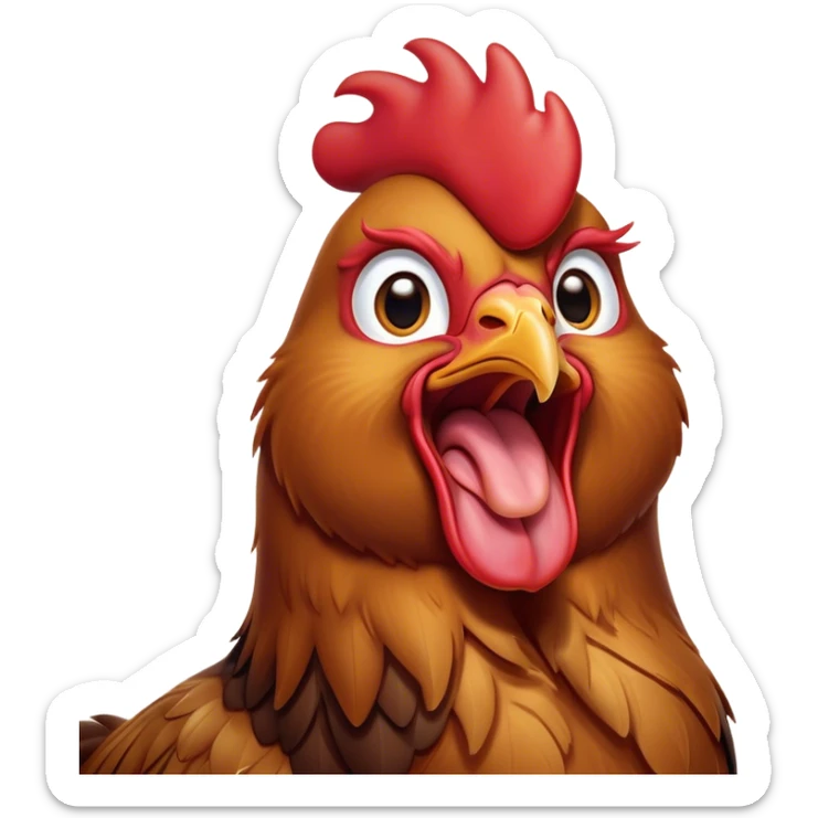 Cinematic Cute Yawning Brown Rooster Portrait Emoji, Head tilted slightly with a dramatic, wide-open yawn, showcasing a soft, downy brown plumage with a subtle red comb and drooping wings, round warm eyes barely open in drowsy contentment, Simplified yet irresistibly adorable features, highly detailed, glowing with a soft, cozy glow, high shine, relaxed yet expressive, stylized with a touch of whimsy, bright and endearing, soft glowing outline, capturing the essence of a sleepy yet affectionate rooster, so drowsy it feels like it could stretch out of the screen and curl up for a nap! sticker