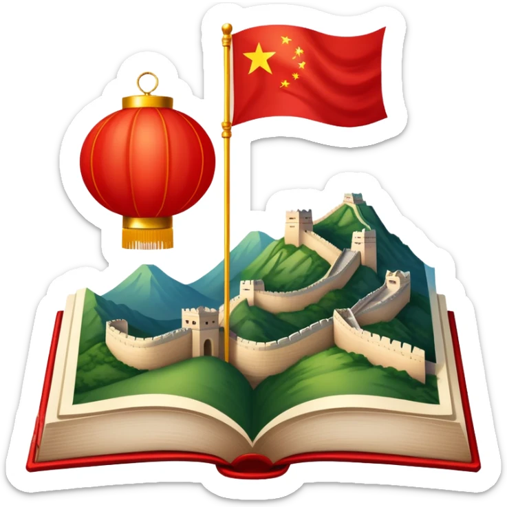 An icon featuring the Great Wall of China and the big flag of China, symbolizing the Chinese language. The design includes an open book with Chinese characters and a red lantern, representing language learning. Transparent background highlights the depth of Chinese heritage. sticker