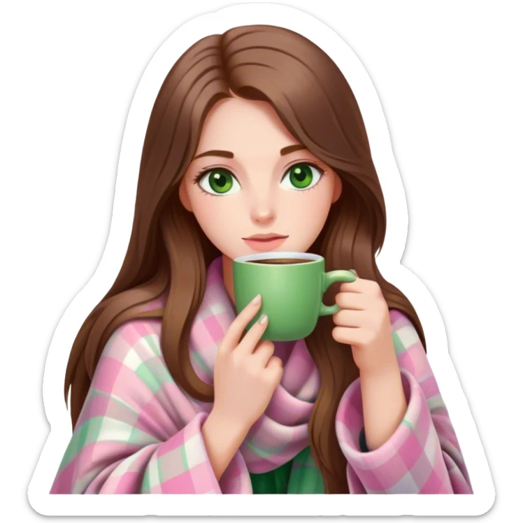 A pretty white woman with long brown hair and green eyes wrapped in pastel pink plaid blanket drinking coffee sticker