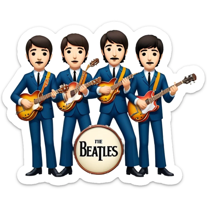 Cinematic Realistic The Beatles Group Emoji, depicted as an iconic band of four exuding playful charisma and musical genius with retro instruments and vibrant expressions, rendered with rich textures and nostalgic dynamic lighting that captures their legendary impact on pop culture. sticker