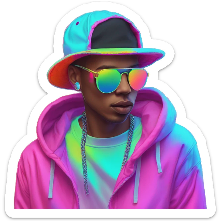 Multicoloured neon Vaporwave person smoking wearing hoodie dancing hip hop bucket hat tropical Skater fashion aesthetic baggy clothes graphic t shirt 420 sticker
