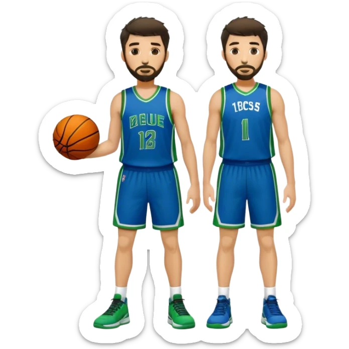 Full Body  white male basketball player with short dark shaggy hair and goatee beard wearing blue and green uniform sticker