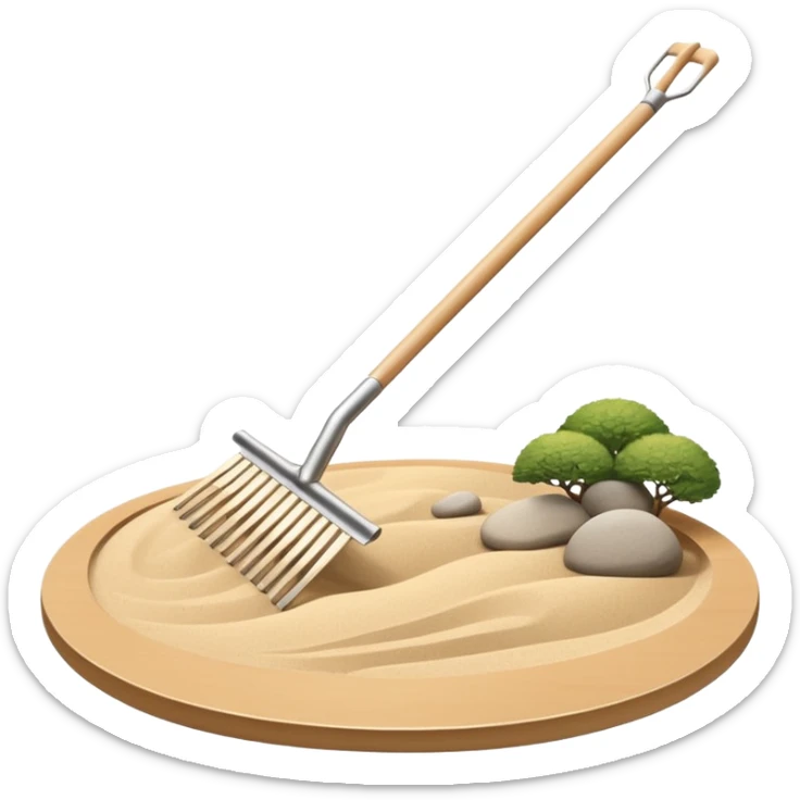 Minimalist emoji of a Japanese zen garden rake, elegant thin lines, light wood tone, sand-beige palette, flat vector style, calm and balanced aesthetic, inspired by zen tranquility, transparent background, premium minimal design sticker