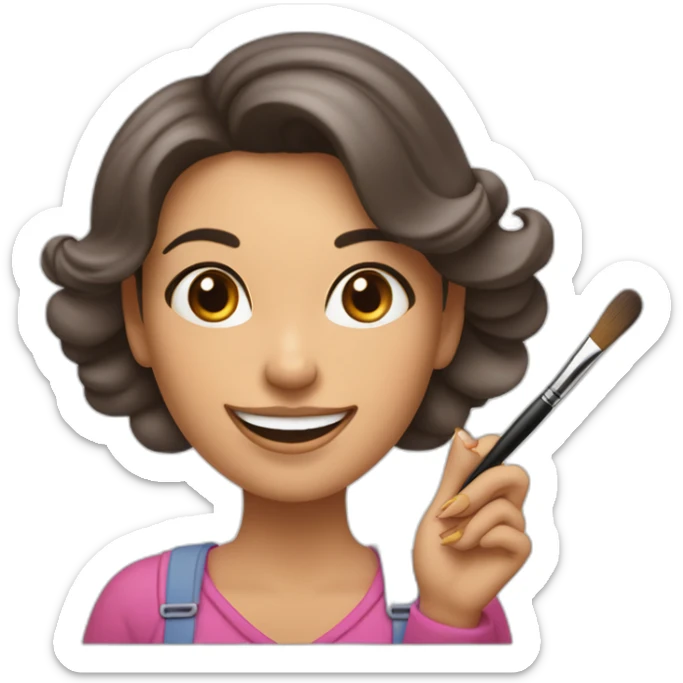 Mujer feliz pintando con un pincel  fino o liner en su mano derecha  sticker