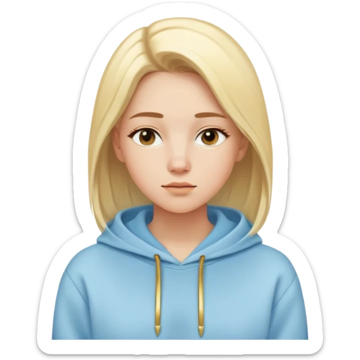 Woman with oval face, light blonde straight hair parted to the side, dreamy expression, wearing a light blue hoodie with gold and white accents sticker