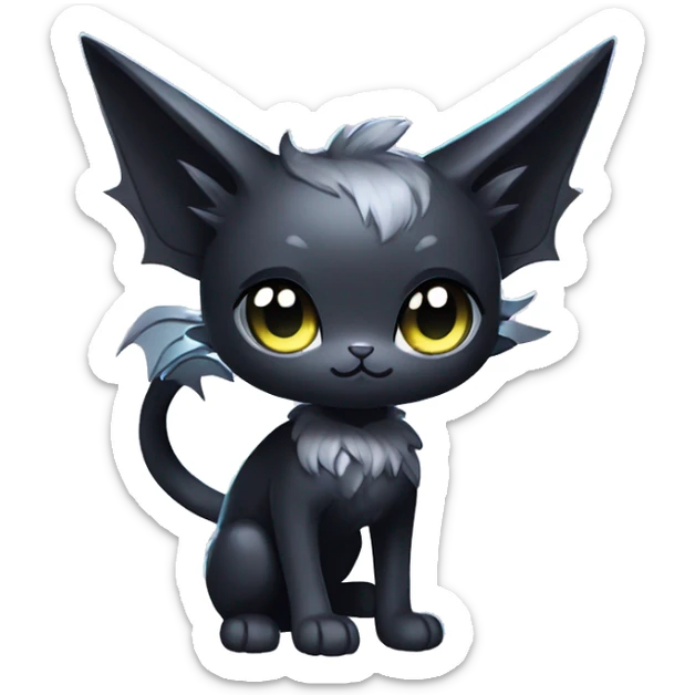 Shiny Shy Cool Black beautiful fantasy Kawaii Ethereal Sona Fakemon-cat-animal with bat-wings-ears Full Body sticker