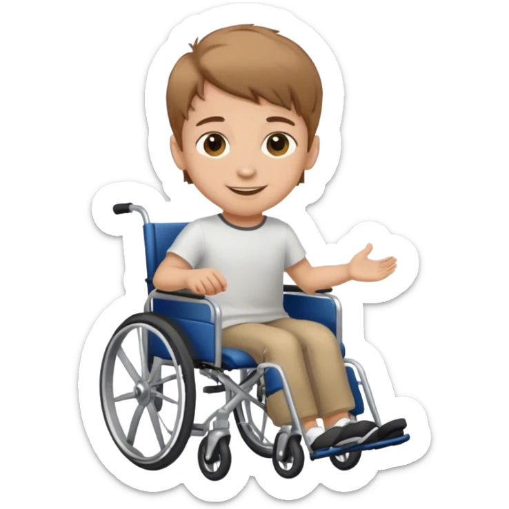 young boy with light brown hair and brown eyes in wheelchair smiling sticker
