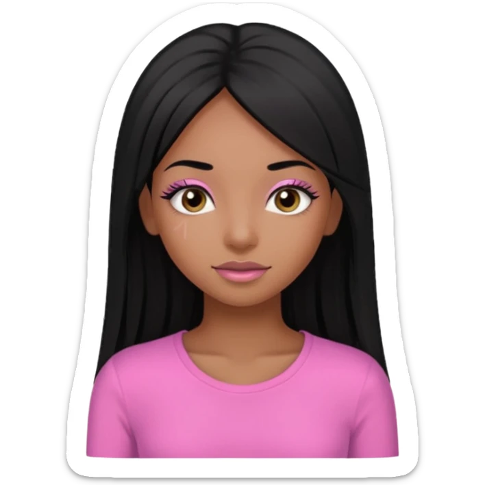 Black girl wearing a pink top with straight long hair that’s black with lashes ￼ sticker