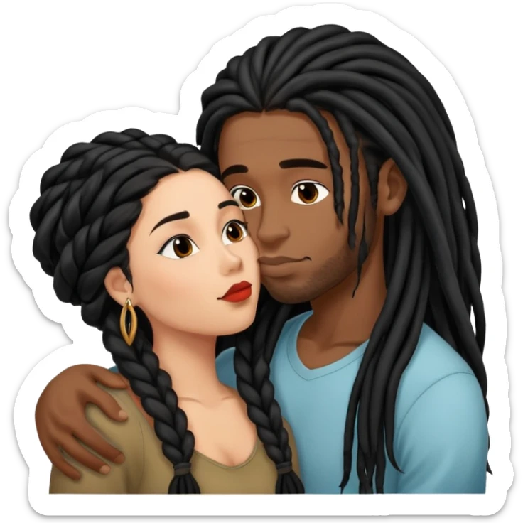 Latina Woman with long hair kissing a young black guy with dreads no beard sticker