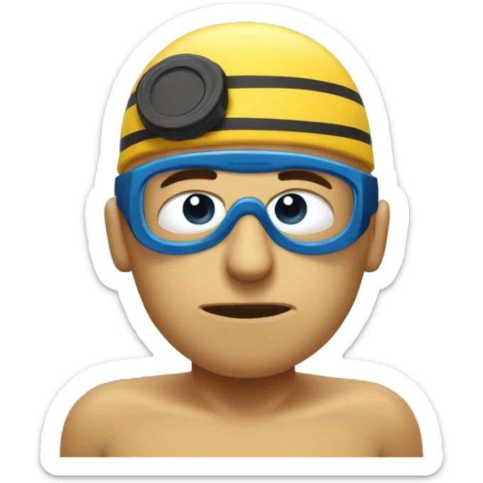 Swimming in terrible mood and very tired. Swimmer is in the swimming pool. he has swimming cap and goggles on his forehead sticker