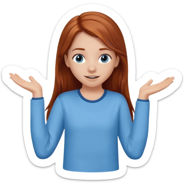 shrugging happy emoji tween long auburn hair light blue shirt with a darker blue L sticker