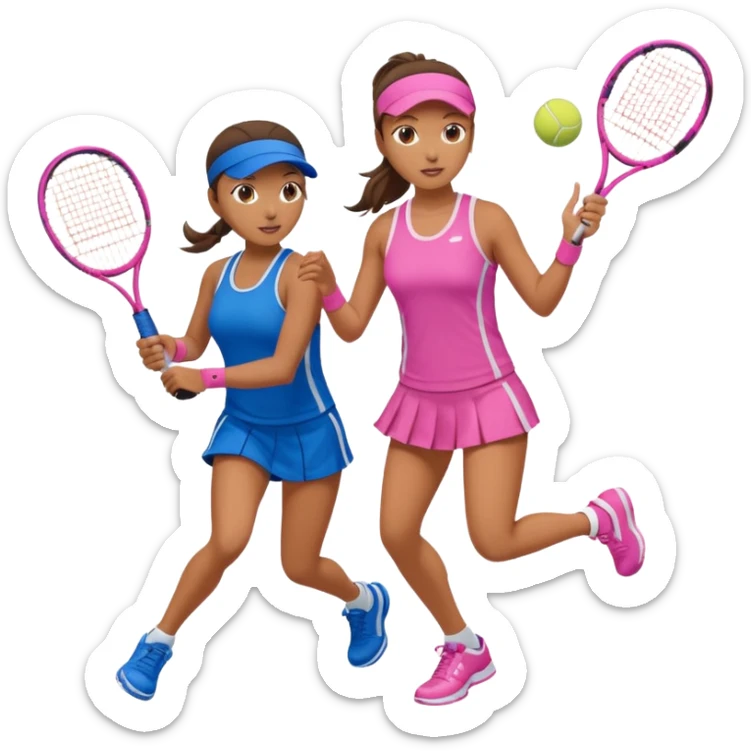 Make and female rate playing tennis one wearing blue the other wearing pink sticker