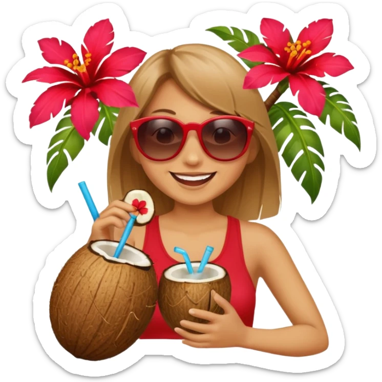 coconut drink with red flowers and summer vibe, with sunglasses and smiling sticker