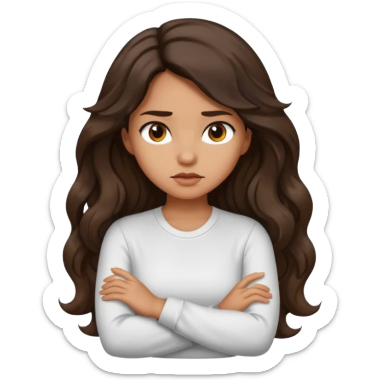 Tan girl dark long wavy hair crossing her arms with slight pout sticker
