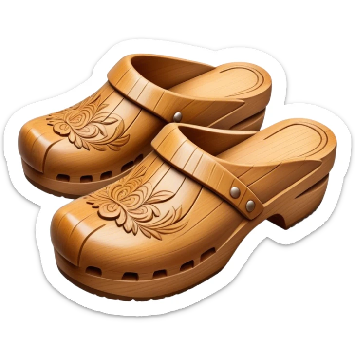 Cinematic Realistic Wooden Clogs Emoji, depicted as a pair of traditionally carved wooden clogs with intricate details and rustic charm. sticker
