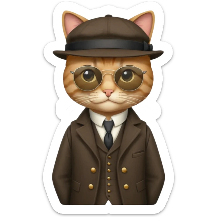 Cat wearing sunglasses and a peaky blinders hat, along with a waistcoat and over coat.
Peaky blinders style sticker