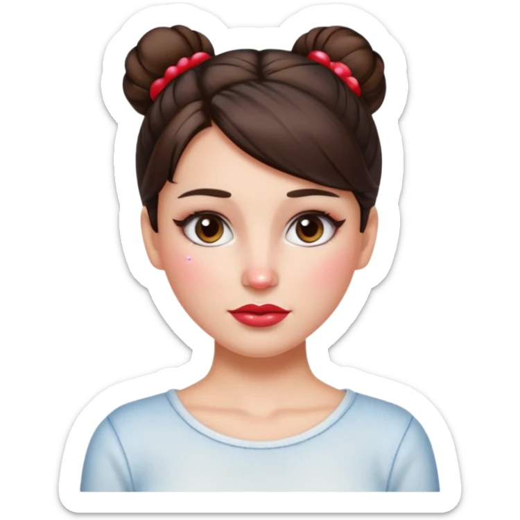 “Emoji brunette girl hair in bun white top, dewy skin, heavy blush across cheeks and nose bridge, glossy cherry lips, soft eyeliner, teary sparkling eyes like hanni from new jeans sticker