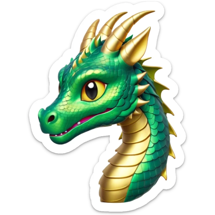Cinematic Cute Dragon Portrait Emoji, Head tilted playfully and inquisitively, featuring a sleek, serpentine form adorned with iridescent scales that shift between emerald and gold, a delicate set of subtle horns, and round, sparkling eyes full of curious magic; rendered with realistic detail and warm natural light, high shine, affectionate and enchanting, styled with a touch of whimsical fantasy, soft glowing outline, capturing the essence of a mischievous yet lovable dragon that seems poised to slither playfully into your arms! sticker