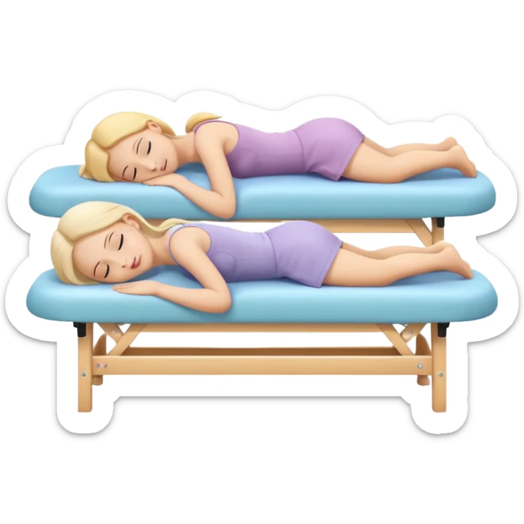 A cute emoji-style illustration of a girl lying on a massage table during a relaxing massage session, while another girl gently gives her a back massage. Soft colors, peaceful atmosphere, simple rounded emoji-like shapes, friendly and wholesome. sticker