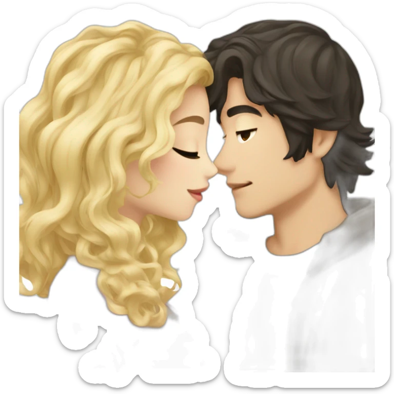 blonde wavy hair girl and japanese boyfriend with dark hair kissing sticker