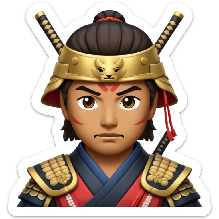 Cinematic Realistic Samurai Pop Culture Emoji, depicted with a noble, stoic portrayal of a samurai warrior rendered with crisp detail and dramatic, traditional lighting. sticker