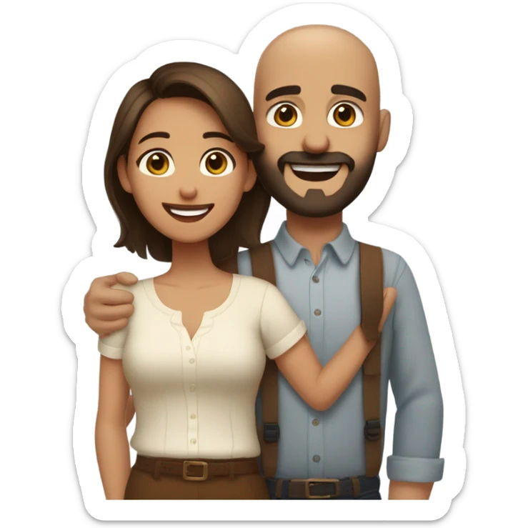 Brown-haired Puerto Rican woman with dark brown eyes wearing a cute blouse giving a comforting hug to a short, bald man with brown eyes, laugh lines, and a beard sticker