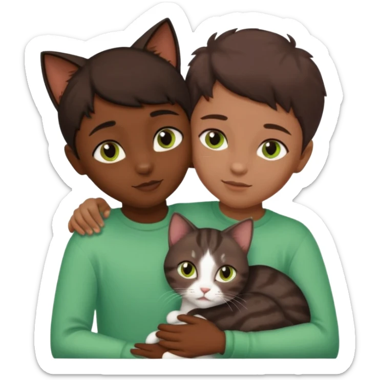 Crea un emoji donde salga un chico moreno con los ojos claros, una chica morena con los ojos marrones y SOLO UN gato europeo comun de pelaje oscuro y ojos verde claro, quiero que se esten abrazando y el gato este en el medio del chico y la chica sticker