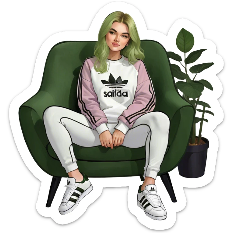 Girl long bright blonde highlighted hair middle part with rosy cheeks and plump mauve lips green eyes and wearing a white sweatshirt and black leggings with black and white adidas OG Samba sneakers sitting in a cozy chair posing with legs over the side of chair  sticker