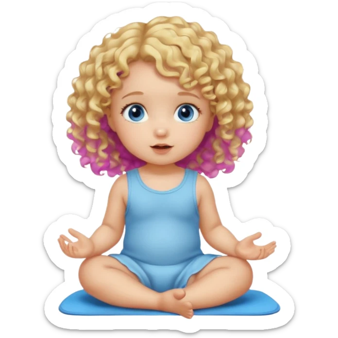blonde curly hair blue eye baby girl sitting on the floor talking sticker