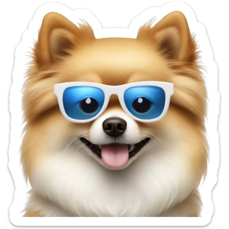 Pomeranian dog with sunglasses. Dog is mostly white and has one blue eye and one brown eye. sticker