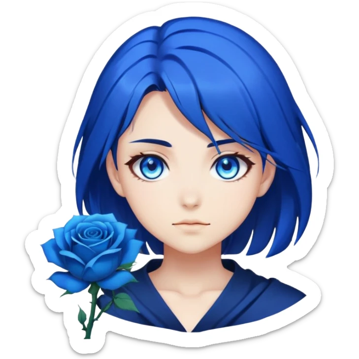 anime girl emoji with dark blue hair, blue rose, intense blue glowing eyes, Solo Leveling style, blue magical aura, high contrast, 2D sticker