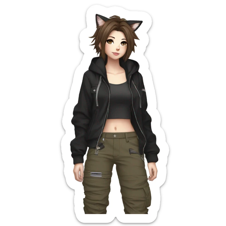 Edgy cool shy beautiful pretty anime punk tomboy with cat ears techwear cargo pants hoodie brown hair sticker
